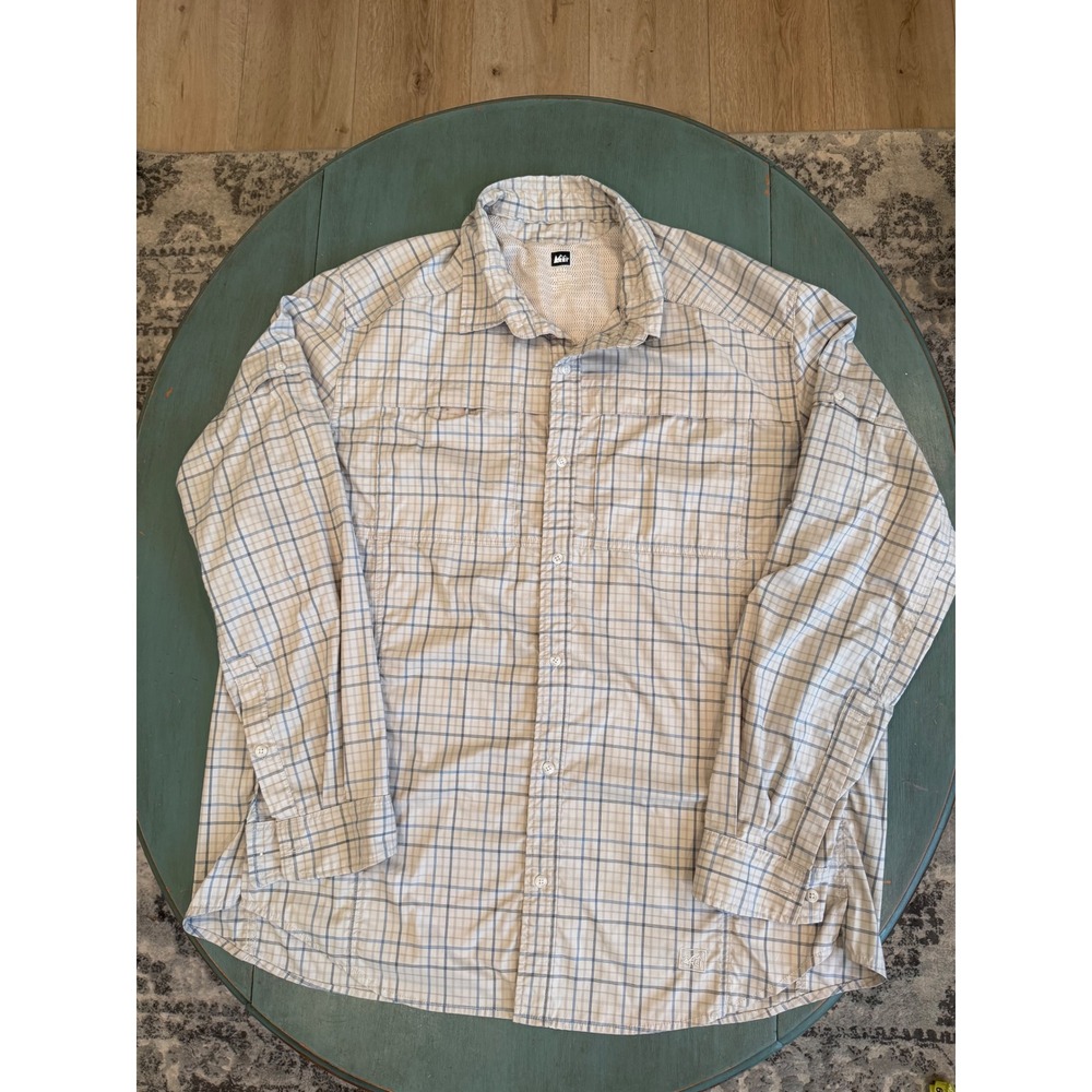 REI Co-op Mens XXL‎ Plaid Long Sleeve Fishing Hiking Shirt Ventilated Tan Blue